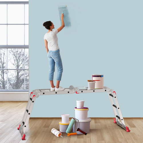 AMHANCIBLE Mehrzweckleiter, Leiter, 3.4M Aluleiter, 4 x 3 Stufen, Trittleiter, Haushaltsleiter, bis 150 kg,12 Stufen, in 6 Positionen, TÜV/GS Zertifiziert, Anti-Rutsch, Stabil und Robust EBAL01RD