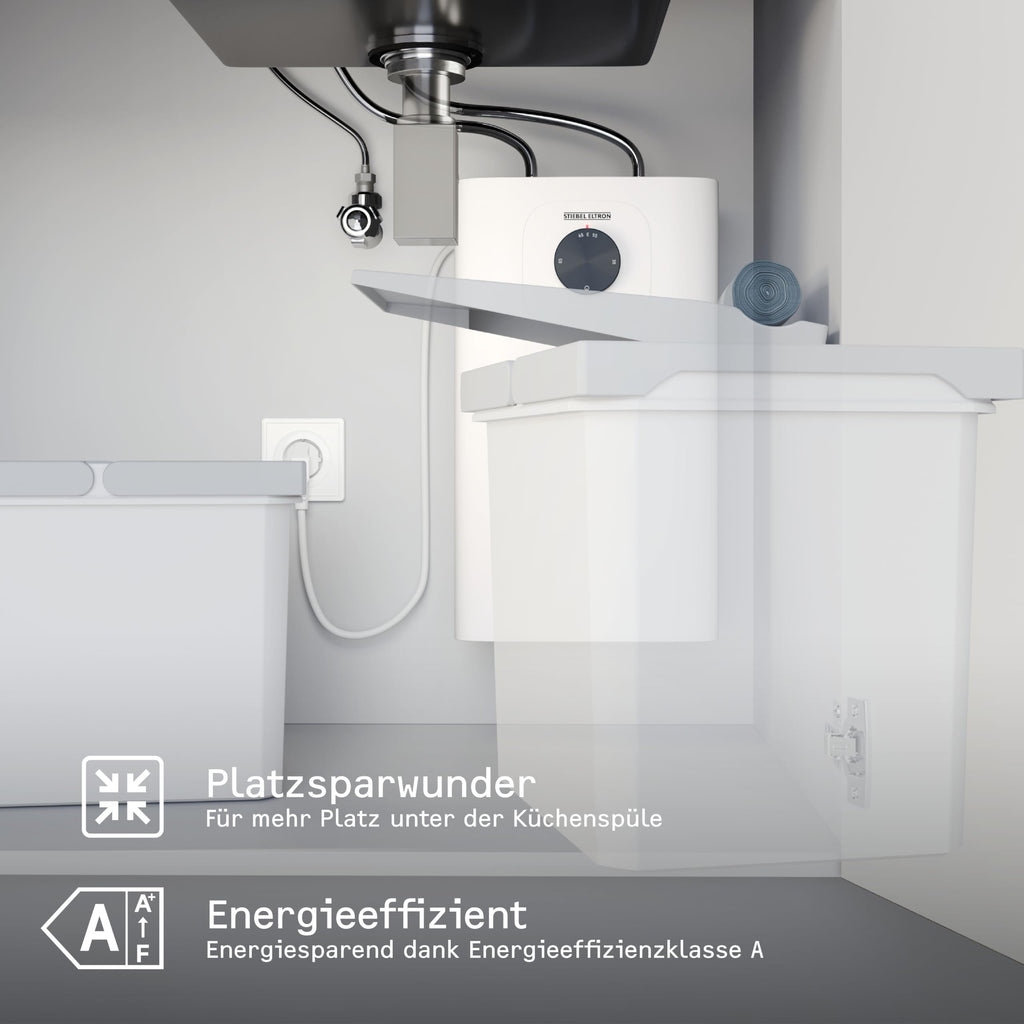 Neueste Generation: STIEBEL ELTRON Kleinspeicher SNU 5 Plus, sehr kompakt, antitropf-, thermostop-Funktion, Untertischboiler 5 Liter Niederdruck mit Stecker, 2 kW, 204972