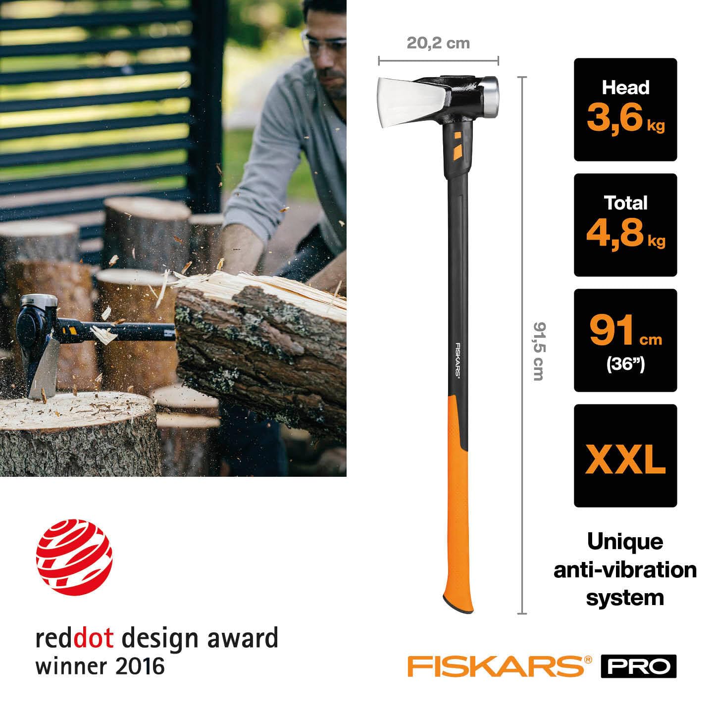 Fiskars Spaltaxt IsoCore XXL zum Spalten von Stammstücken oder zum Eintreiben von Keilen, Länge: 92 cm, Kopfgewicht: 3,6 kg, Schwarz/Orange, 1020220