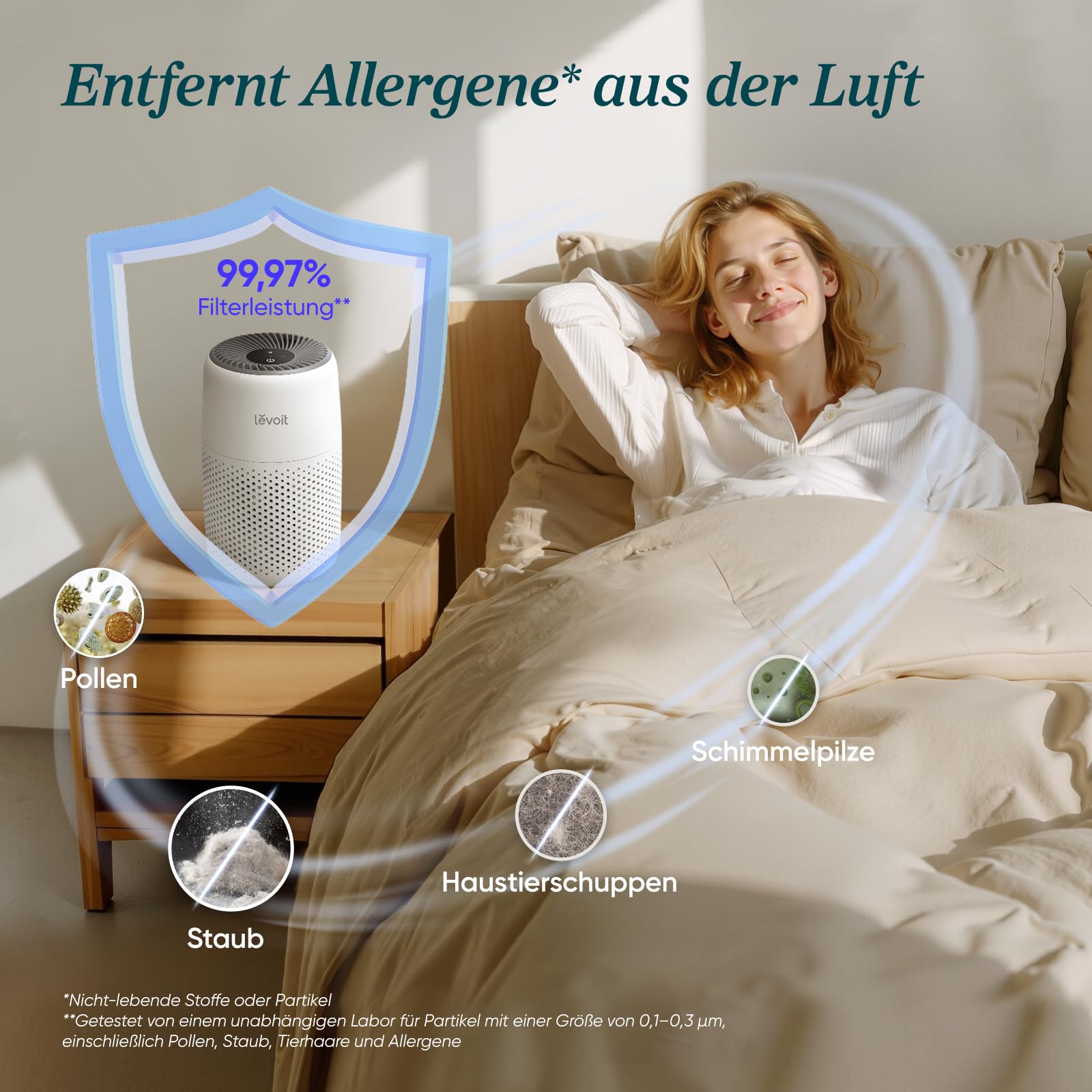 Levoit Luftreiniger Allergiker mit Aromatherapie, HEPA Luftfilter gegen Schimmel, Staub und Tierhaare bis zu 0,3 µm für Schlafzimmer, 7 Watt Energiesparend, 3 Geschwindigkeiten, Weiß