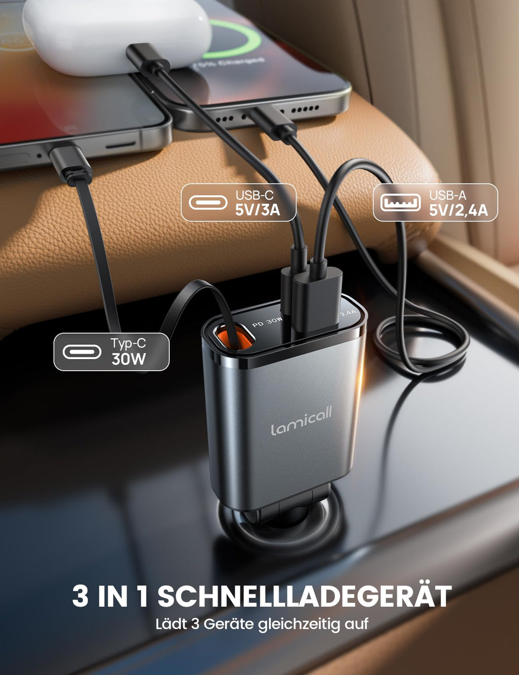 Lamicall 3 IN 1 Zigarettenanzünder USB C Auto Ladegerät -【2026 Super Kompakt】50W USB Adapter Auto Schnellladegerät mit einziehbare Typ-C Kabel/USB C/USB A, 24/12V KFZ Ladegerät Auto für iPhone/Samsung