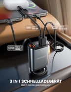 Lamicall 3 IN 1 Zigarettenanzünder USB C Auto Ladegerät -【2026 Super Kompakt】50W USB Adapter Auto Schnellladegerät mit einziehbare Typ-C Kabel/USB C/USB A, 24/12V KFZ Ladegerät Auto für iPhone/Samsung