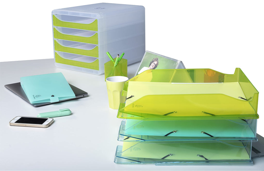 Exacompta 113236D 6er Pack Premium Briefablage Combo Midi DIN A4. Ideale Briefkörbe für Ihre Organisation. Robuste und stapelbare Ablagekörbe türkis transparent glossy