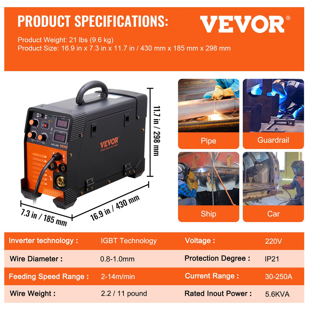VEVOR MIG/MMA/TIG 3 in 1 Schweißgerät 50–250A Fülldrahtschweißen(0,8 mm & 1 mm) IGBT-Technologie 2,2–12m/min Drahtgeschwindigkeit 5,6 kVA Nenneingangsleistung IP21S Schutzart