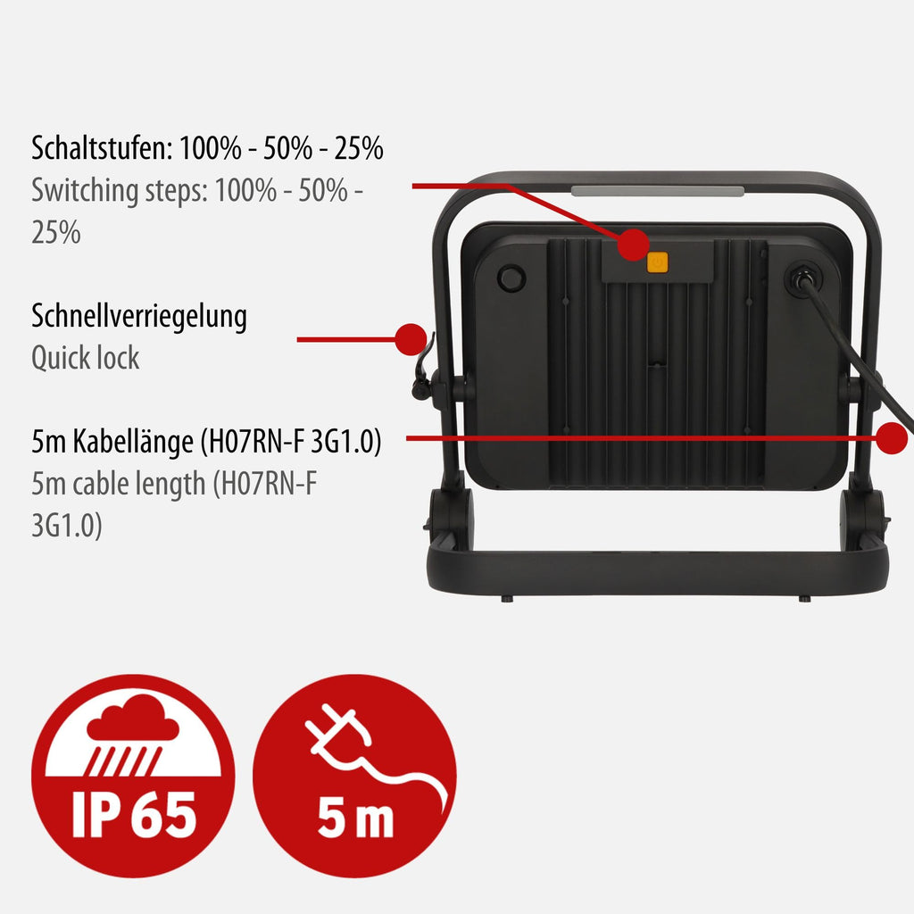 Brennenstuhl LED Baustrahler JARO 20060 M (150W, 17500lm, 6500K, IP65, dimmbar, 5m Kabel, LED Arbeitsstrahler mit Schnellspannverschluss)