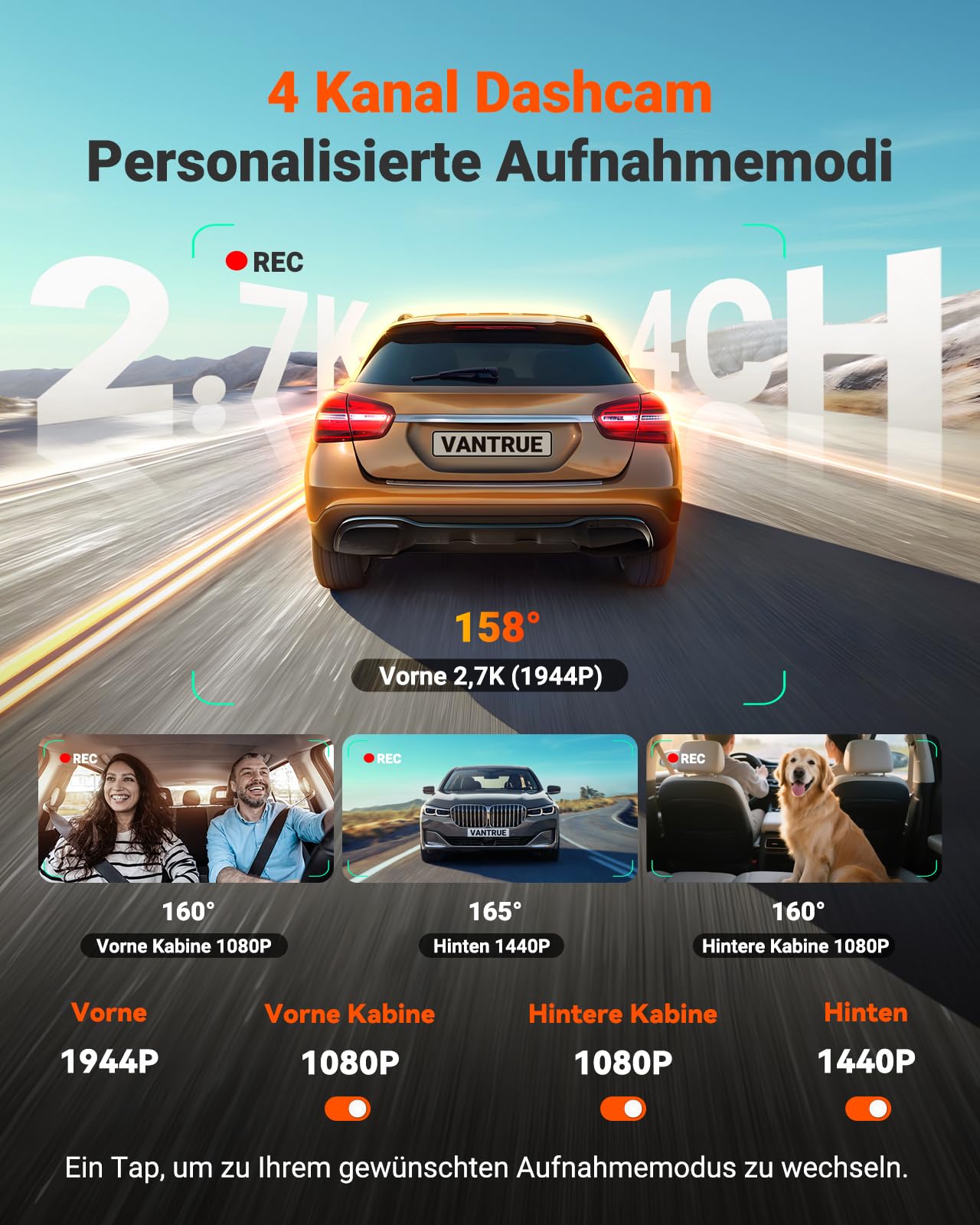 VANTRUE N5S 4 Kanal STARVIS 2 Dashcam Auto 2.7K+ 1080P+ 1080P+ 1440P Vorne Innen Hinten, HDR+ WDR Dash Cam 5G WLAN, Sprachsteuerung Dashcams, GPS, 24Std. Puffer Parkmodus, LTE Optional, Max 1TB