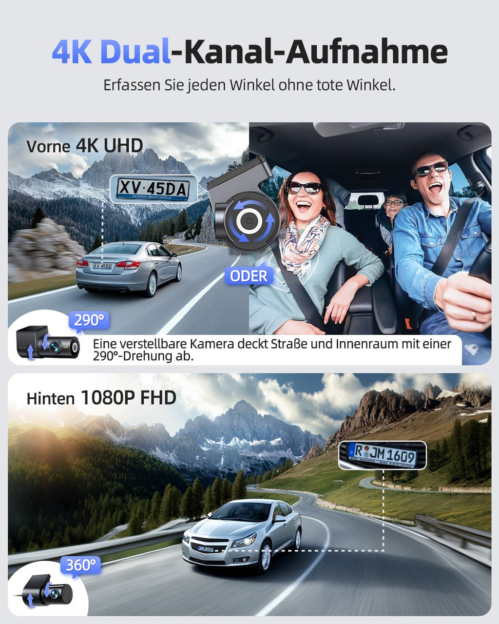 CIEVIE 4K Dashcam Auto Vorne Hinten mit GPS 5GHz WiFi, Dual Dashcam 1,5″ IPS Display, Auto Kamera mit 64GB SD Karte, 170° Weitwinkel, G-Sensor, WDR Nachtsicht, Loop-Aufnahme, Unterstützt 256GB Max