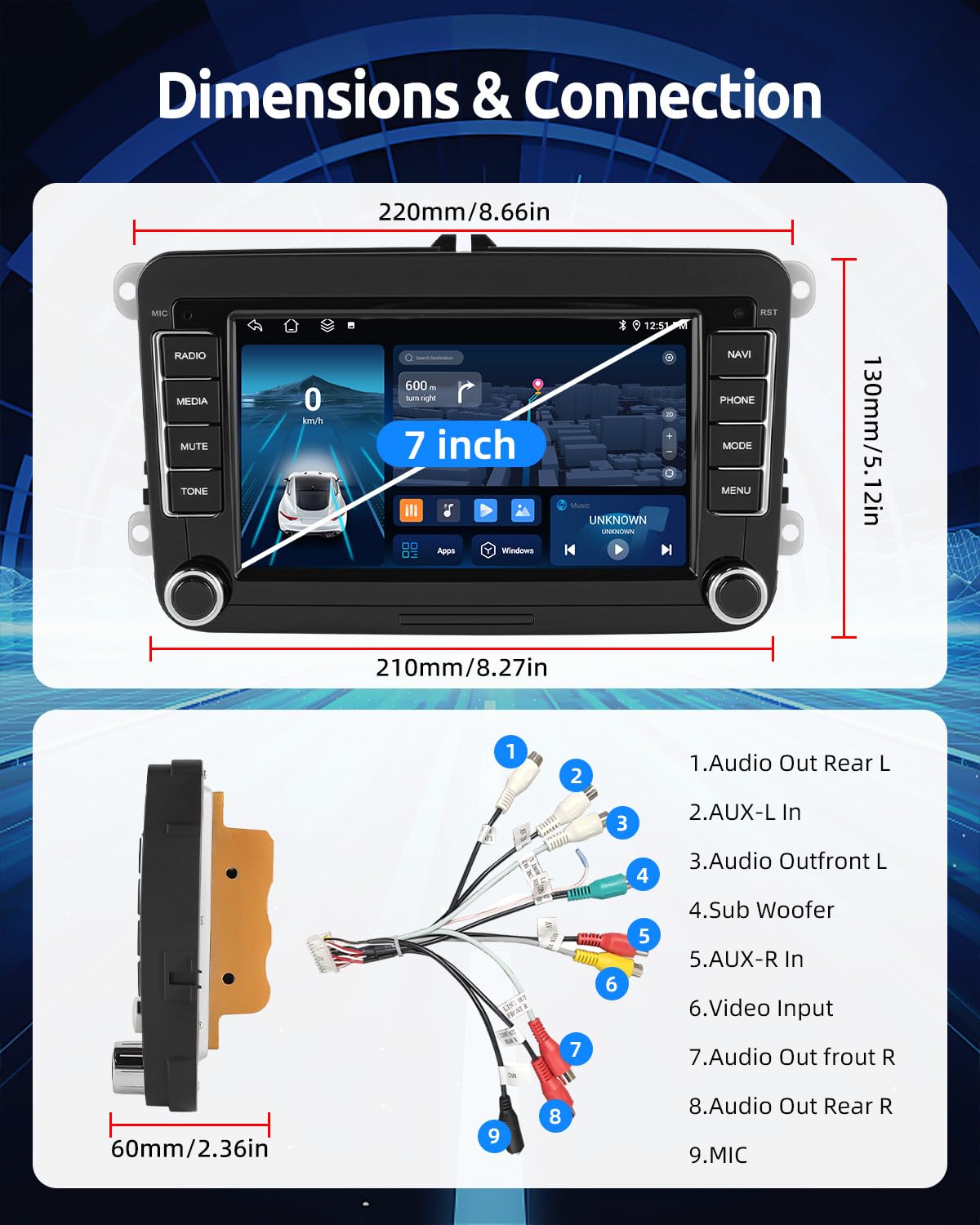 ESSGOO 4+64G Wireless CarPlay Androidd Auto Autoradio Für VW Caddy Golf MK5 6 Polo Passat Seat RCD330,Android 14 2 Din Bluetooth Radio mit 7 Zoll Touchscereen FM RDS GPS WiFi Navi