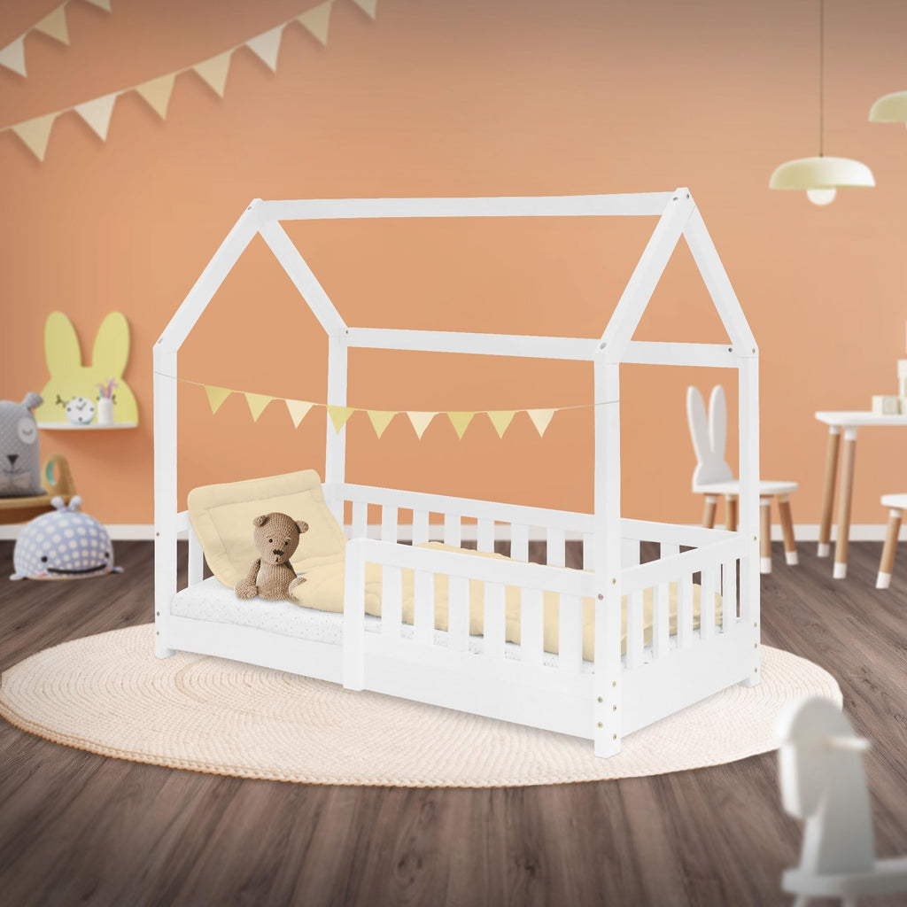 ML-Design Kinderbett 70x140 cm mit Rausfallschutz, Dach und Lattenrost, Weiß, Massivholz Kinder Bett, Hausbett für Mädchen/Jungen, Bettenhaus aus massivem Kiefernholz, Bodenbett Jugendbett Kinderhaus