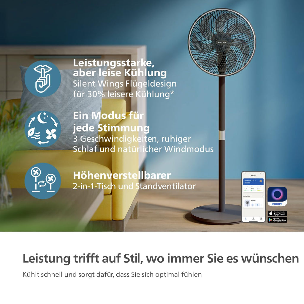 Philips Smart Standventilator Serie 3000. Starke & extrem leise SilentWings-Technologie. 19 dB. 2-in-1-Tisch- & Standventilator. Neig- & drehbar. App-Steuerung. 12-St.-Timer. Schwarz (CX3550/01)