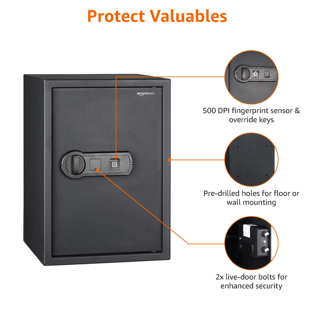 Amazon Basics Elektronisch Schlüssel Biometrisch Tresor mit Fingerabdruck-Verschlusssystem, 50 l, Schwarz