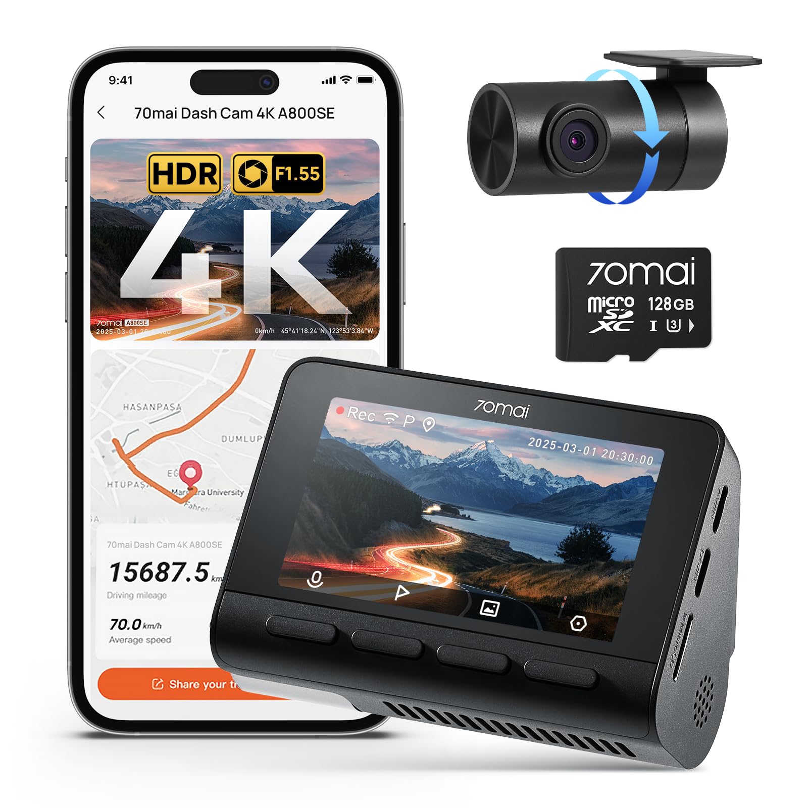 70mai A800SE Dashcam Auto Vorne Hinten 4K HDR 2160P+1080P mit 128GB SD Karte, Dual Autokamera 3" IPS, F1.55 Blende Nachtsicht, 210Sek.Puffer Notfall-Voraufzeichnung, Parküberwachung, Max 512GB