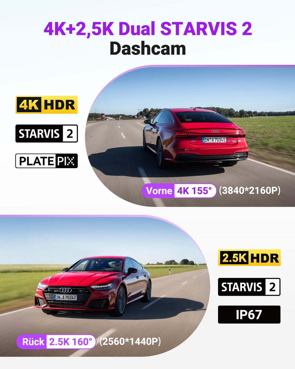 VANTRUE S1 PRO MAX 4K + 2.5K STARVIS 2 Dashcam Auto Vorne Hinten, 5G WLAN PlatePix AI Dash Cam GPS 360° HDR Puffer Parküberwachung Auto Kamera, LTE Optional, Sprachbefehl, Privatsphäremodi, 1TB Max