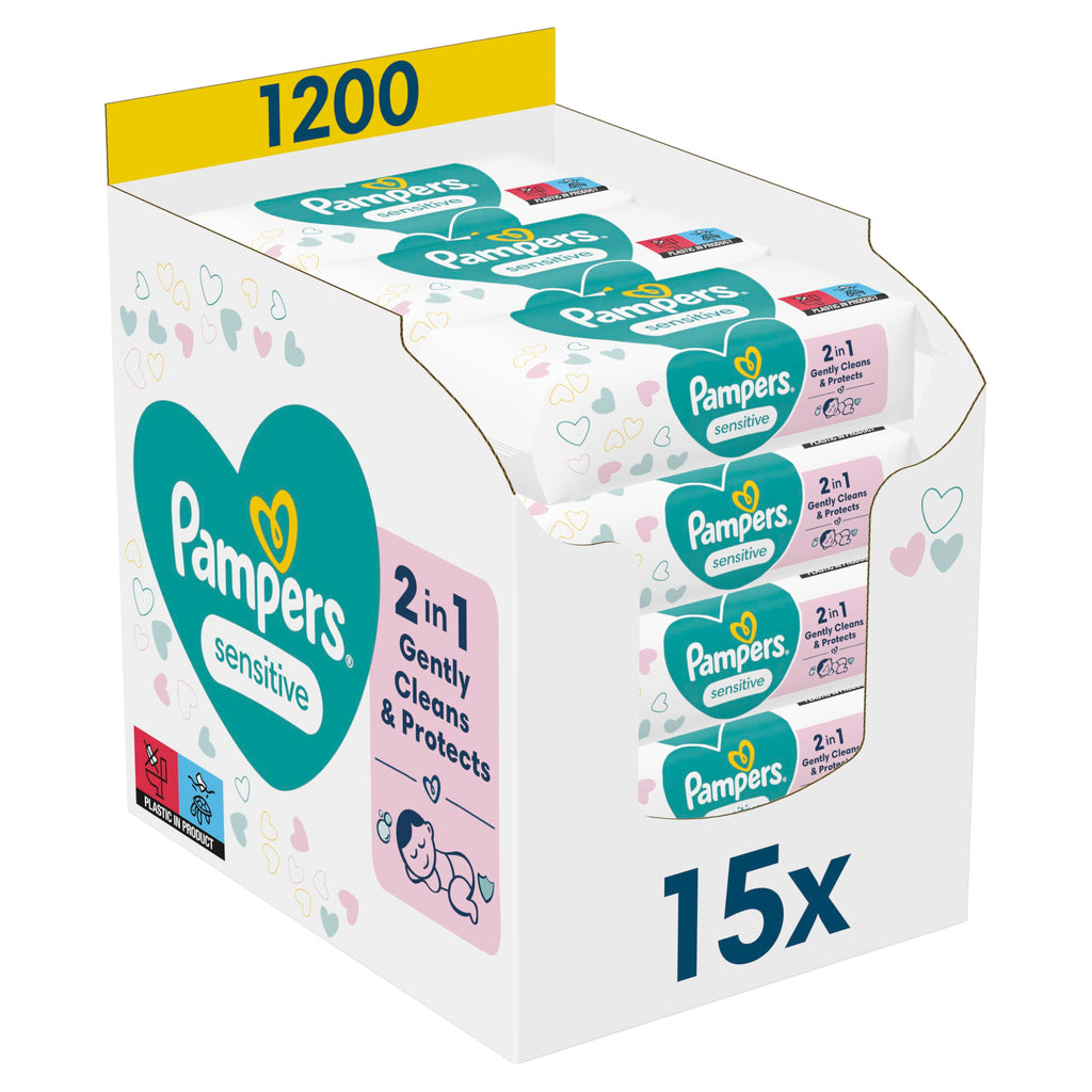 Pampers Sensitive Feuchttücher 15 Packungen mit 80 Stück, 1200 Feuchttücher, ohne Duft, für eine sanfte und weiche Reinigung