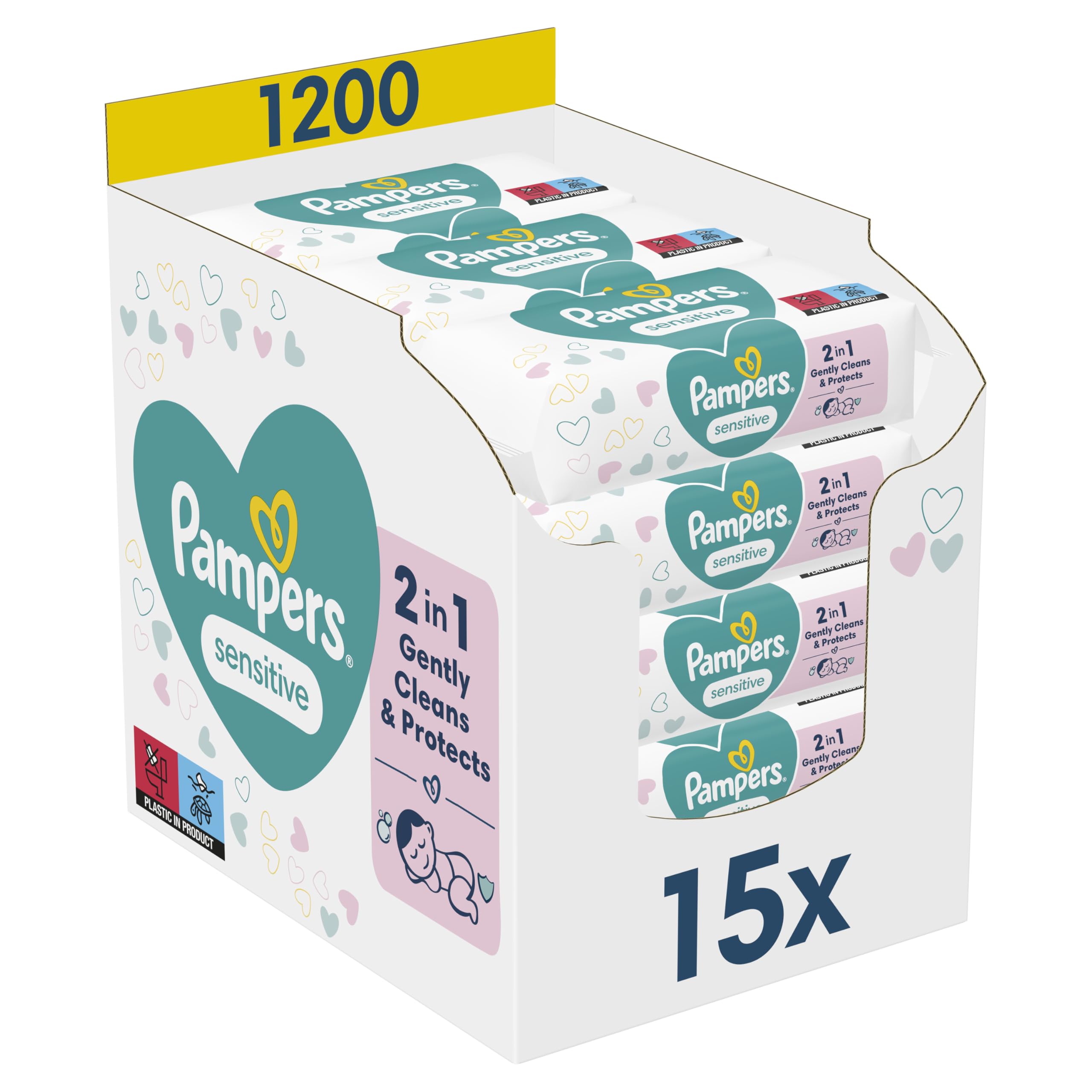 Pampers Sensitive Feuchttücher 15 Packungen mit 80 Stück, 1200 Feuchttücher, ohne Duft, für eine sanfte und weiche Reinigung