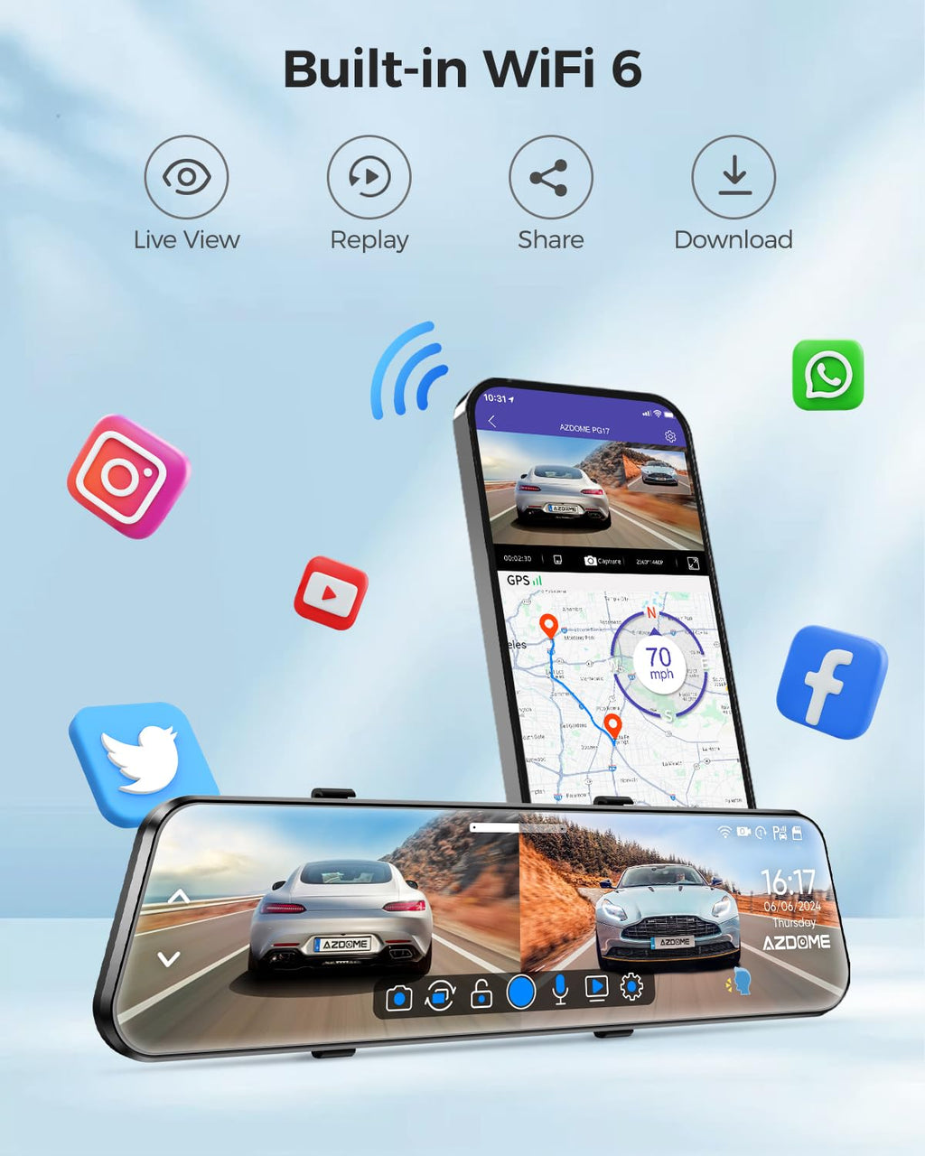 AZDOME PG17 4K 12" Spiegel Dashcam Auto, WiFi Rückspiegelkamera mit wasserdichter 1080P-Rückkamera, 64GB Karte enthalten, WDR-Nachtsicht, GPS, Sprachsteuerung, Fahrassistent