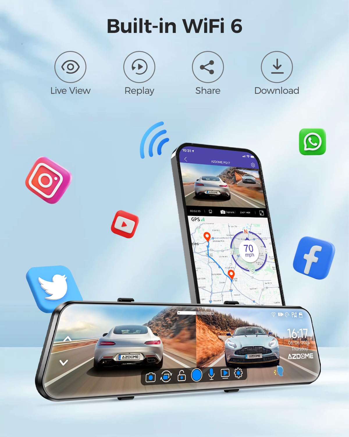AZDOME PG17 4K 12" Spiegel Dashcam Auto, WiFi Rückspiegelkamera mit wasserdichter 1080P-Rückkamera, 64GB Karte enthalten, WDR-Nachtsicht, GPS, Sprachsteuerung, Fahrassistent