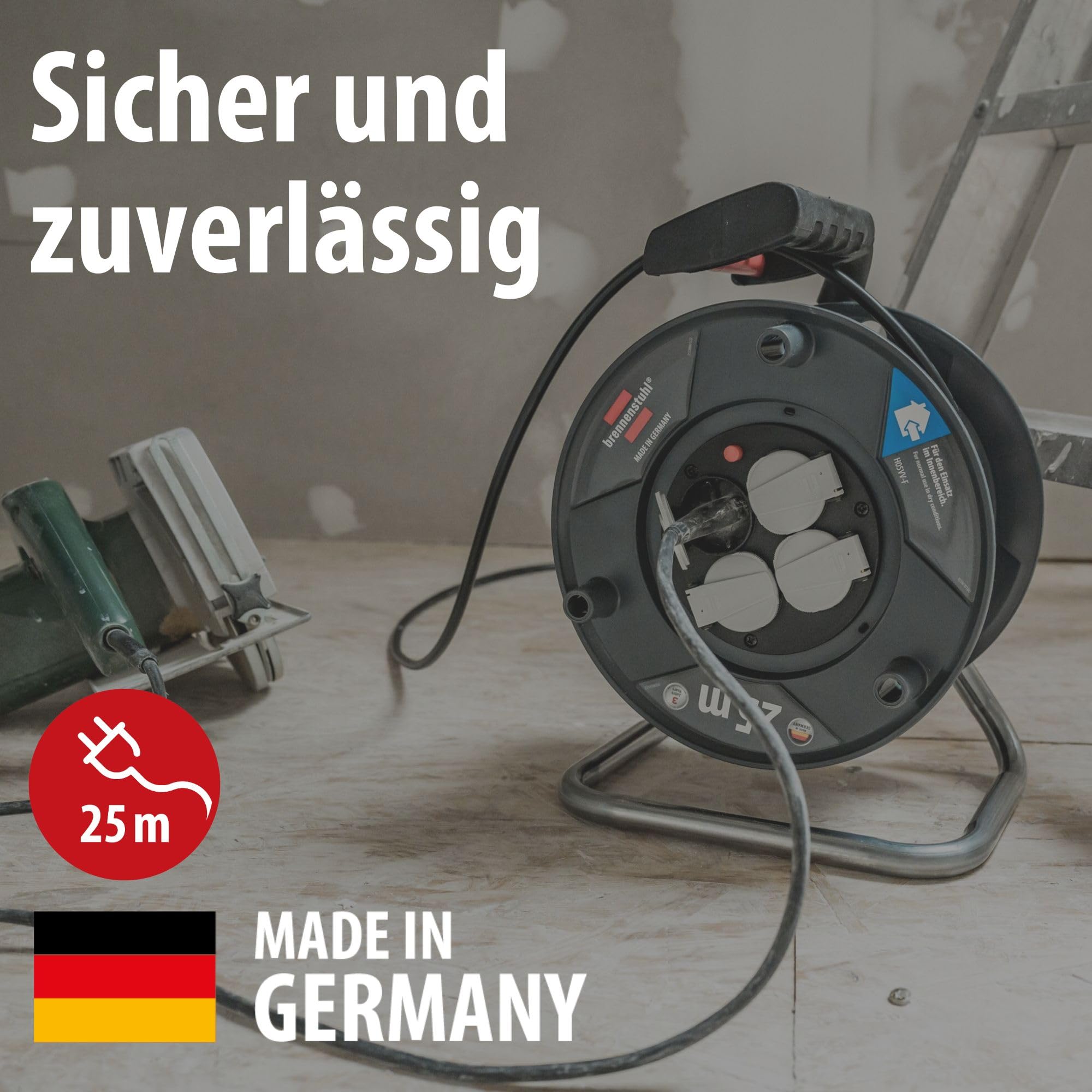 Brennenstuhl Garant V2 Kabeltrommel 25m Kabel (Made in Germany, 4 Schutzkontakt-Steckdosen, Überhitzungsschutz, Trommelkörper aus Spezialkunststoff)