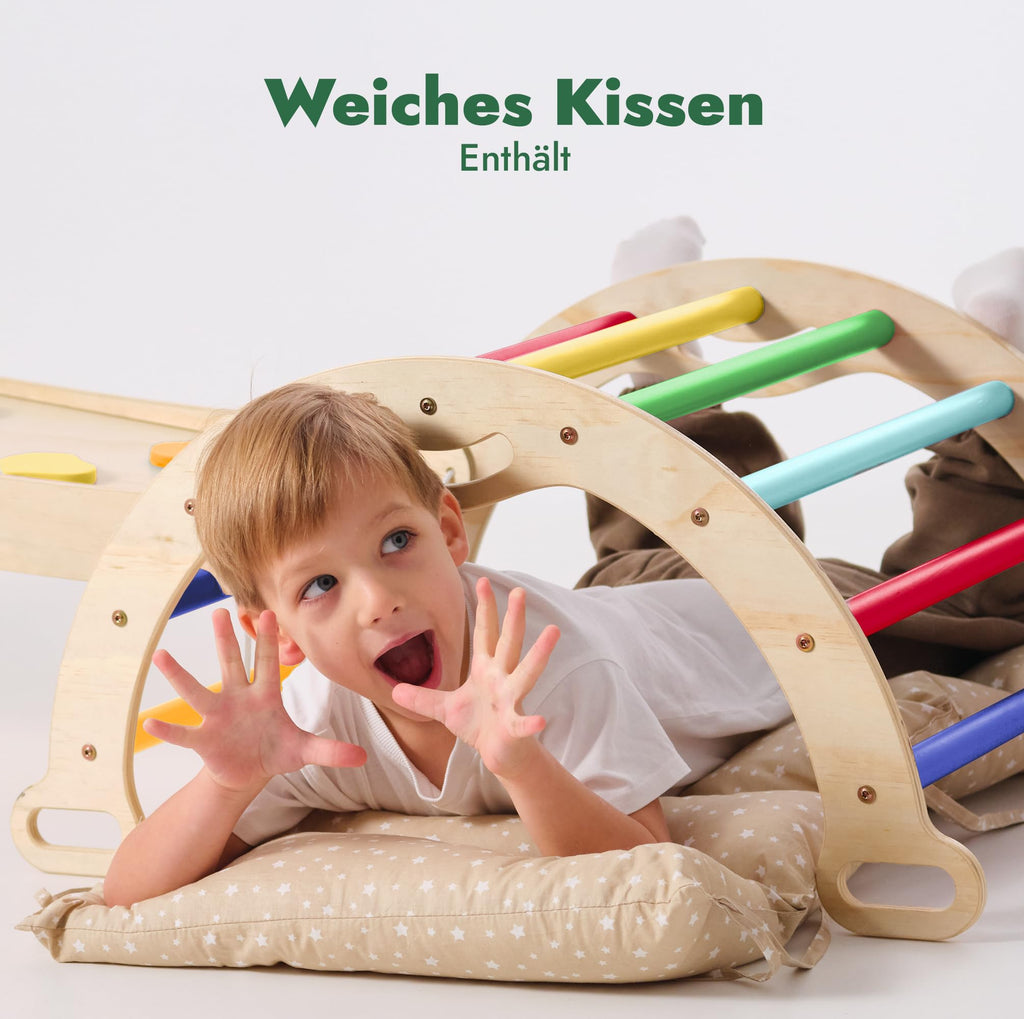 Goodevas 5-in-1 Montessori Klettergerüst Set: Indoor Kletterdreieck, Kletterbogen mit Kissen, und Rutsche für Kinder, Indoor Spielplatz 1-3 Jahre
