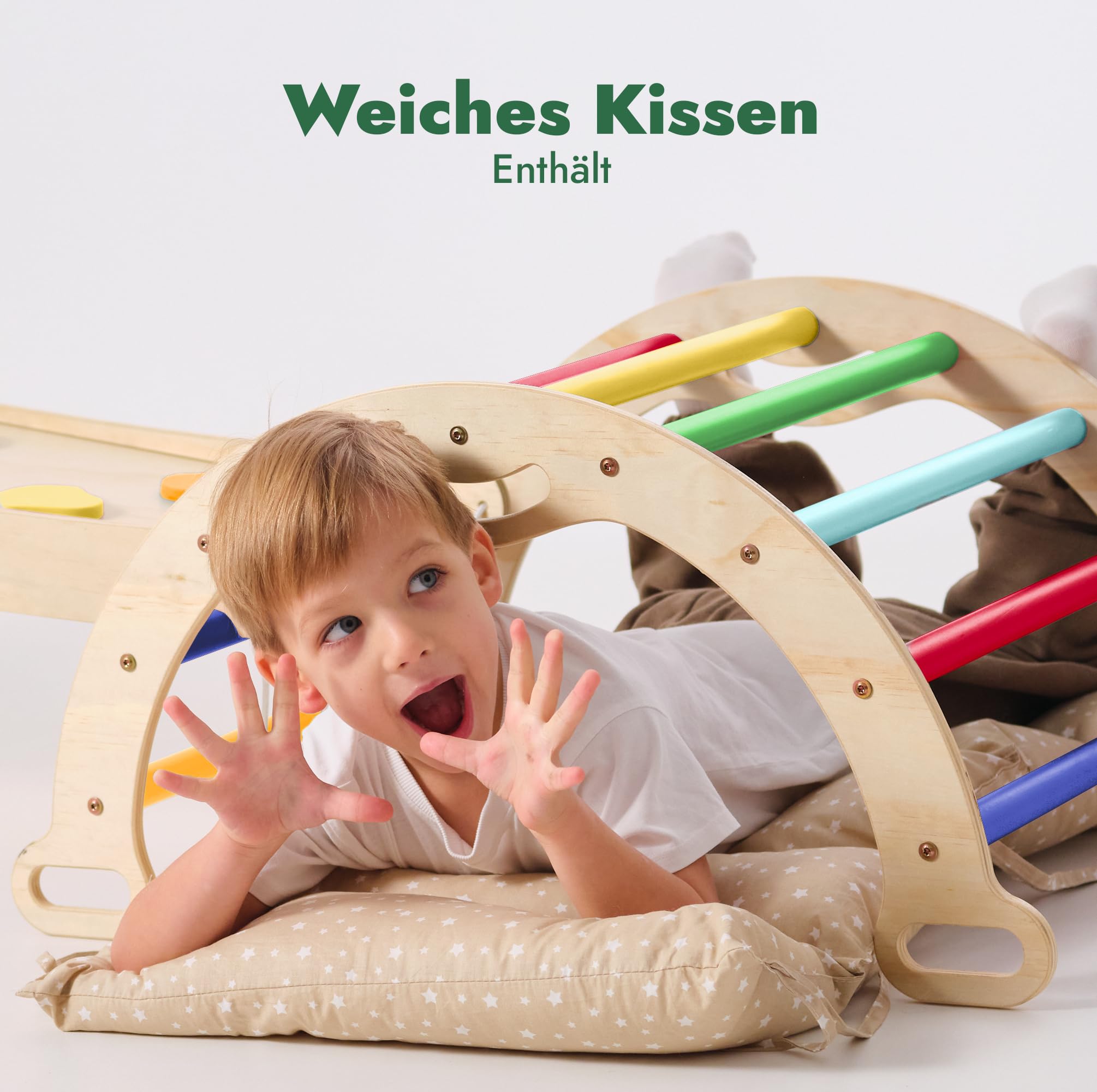 Goodevas 5-in-1 Montessori Klettergerüst Set: Indoor Kletterdreieck, Kletterbogen mit Kissen, und Rutsche für Kinder, Indoor Spielplatz 1-3 Jahre