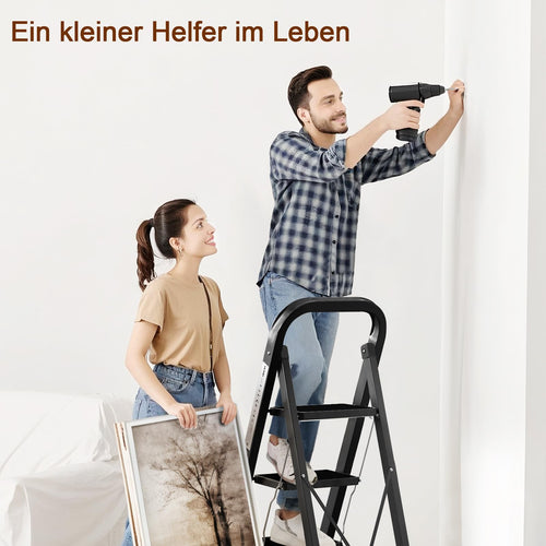 AMHANCIBLE Trittleiter, Leiter mit 3 Stufen, bis 150 kg belastbar, Klapptritt mit breitem Anti-Rutsch-Pedal und Klappsicherung, Einfach zu Verstauen, Perfekt für Küche & Haushalt, Schwarz EBSL03BK
