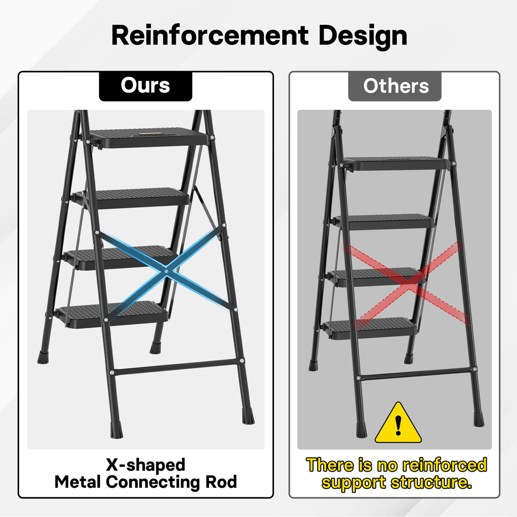 BONTEC Trittleiter 4 Stufen Klappbar, 150kg Kapazität mit Breiten Anti-Rutsch-Pedalen, Faltbarer Stahl-Tritthocker, Schwamm-Lenker, Zuhause, Speisekammer, Innen- und Außenbereich, Schwarz