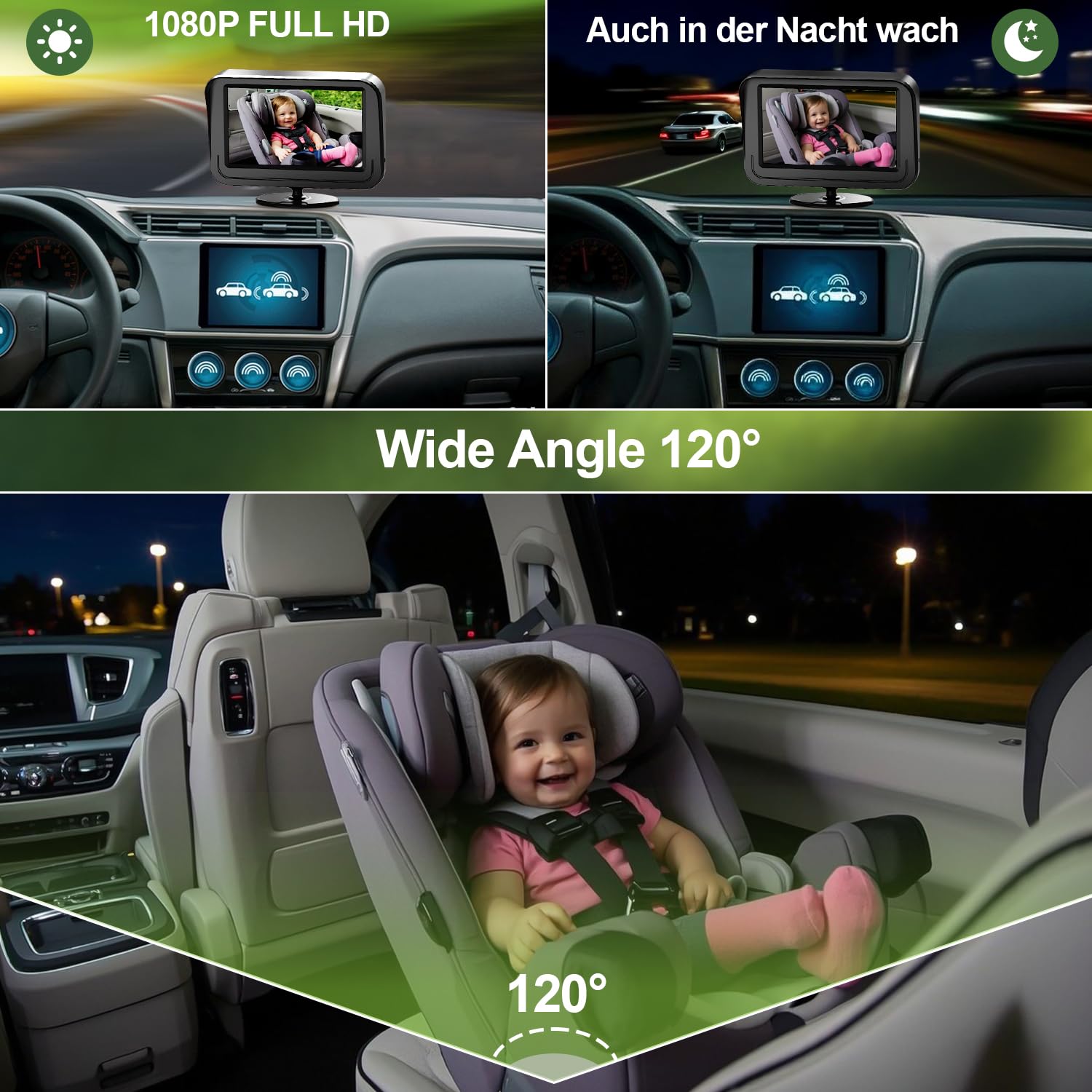 FNITAER Baby Kamera Auto mit 4.3" Display, Spiegel auto baby rückbank 1080P,Babyautospiege mit HD Nachtsicht und 120°-Betrachtungswinkel,Auto-Babyphone einfache Installation Cigarette Lighter,Schwarz