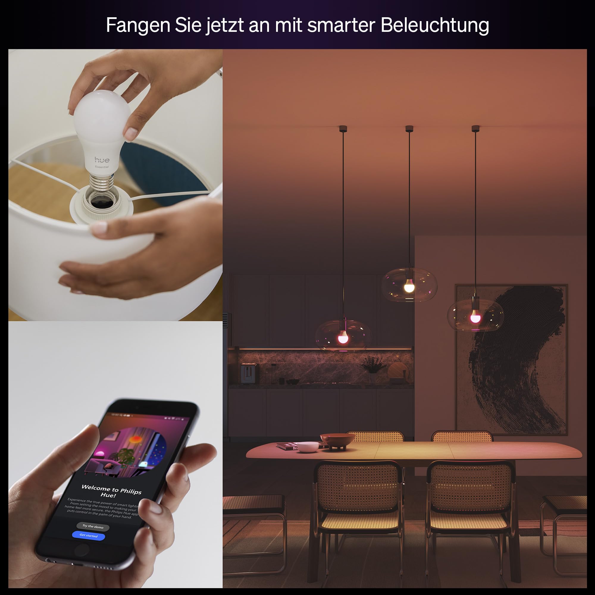 Philips Hue Essential Smart LED A60 Glühbirne,white and color, E27-Fassung, 8 W, 2200 K–6500 K, 806 lm, dimmbar, kompatibel mit Alexa, Google Assistant und Apple Home, 4er-Pack