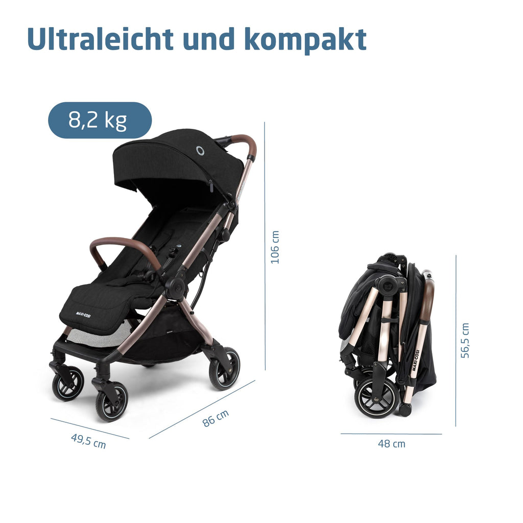 Maxi-Cosi Eva3 Kinderwagen, 0–4 Jahre, 0–22 kg, Baby Kinderwagen, Leicht und kompakt, Flache Liegeposition, 3 Liegepositionen, Automatisch mit 1 Hand klappbar, Tragegurt, Essential Black Champagne