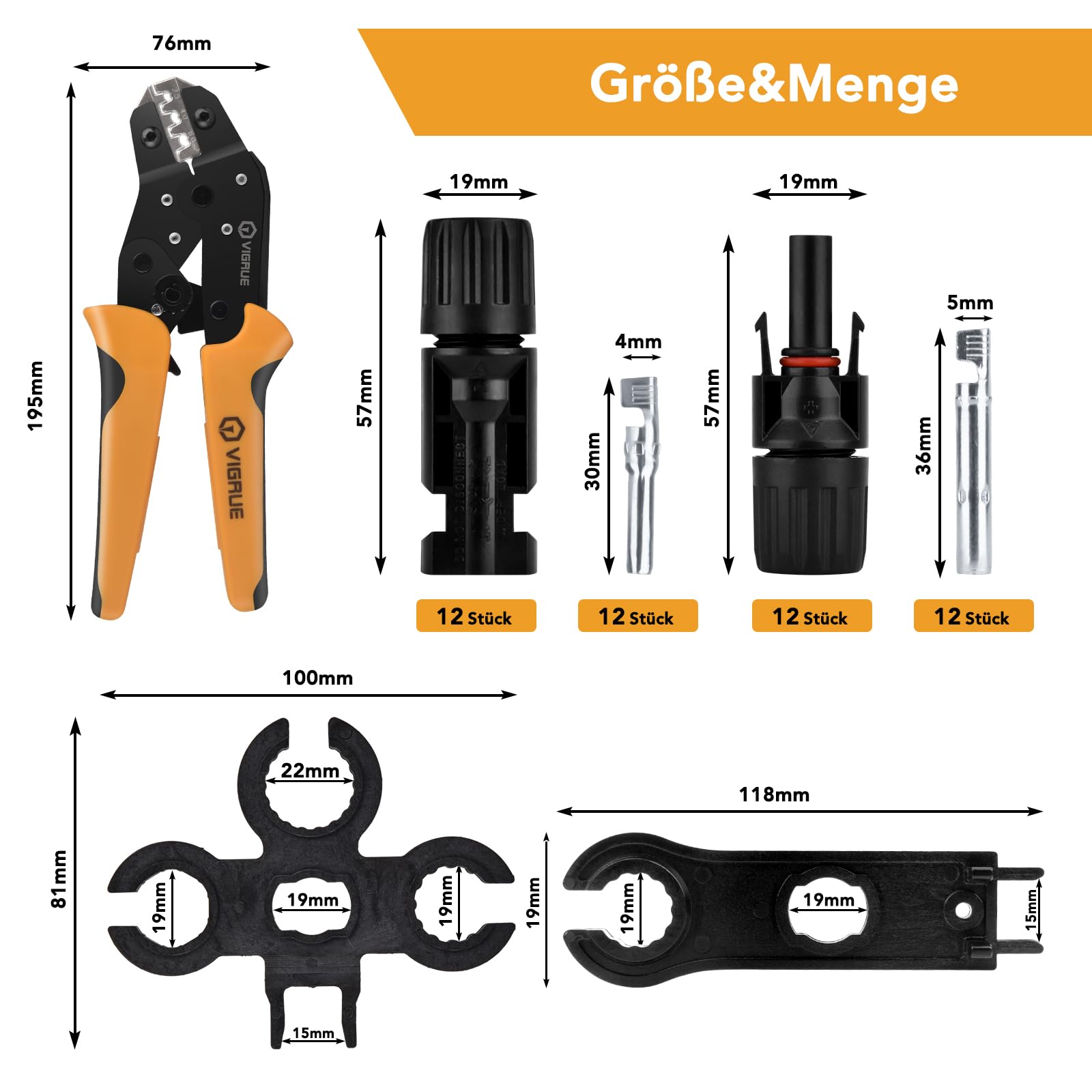 VIGRUE Solarstecker mc4 Stecker, mc4 Crimpzange Set für 2.5/4/6mm² Solarpanel PV Kabel, Männlich/Weiblich Solarpanel Kabelstecker, Ip68 Wasserdicht pv Stecker mit Crimpzange Schraubenschlüssel