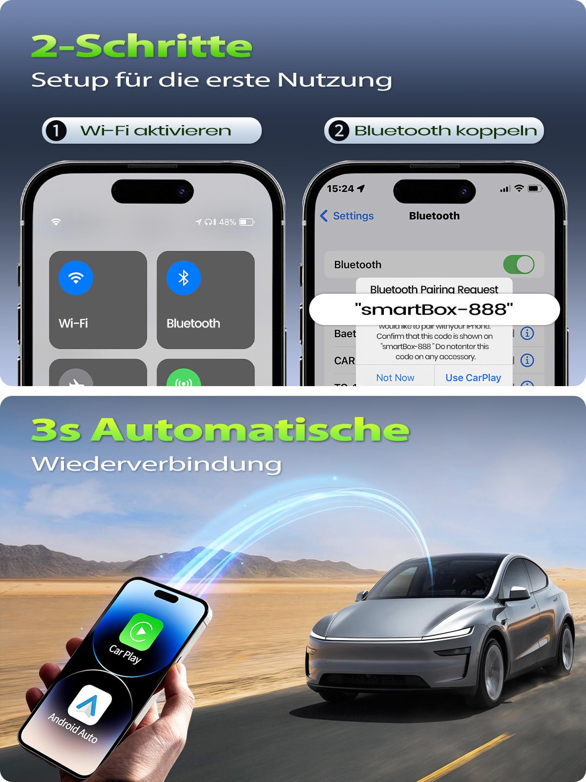2026 Pro Mini CarPlay Wireless Adapter & Android Auto Wireless Adapter, Plug & Play, USB-A/USB-C, Stabil und Kompakt für Flüssiges Fahren, Kompatibel mit Autos ab 2016, iOS 10+ und Android 10+ Grau