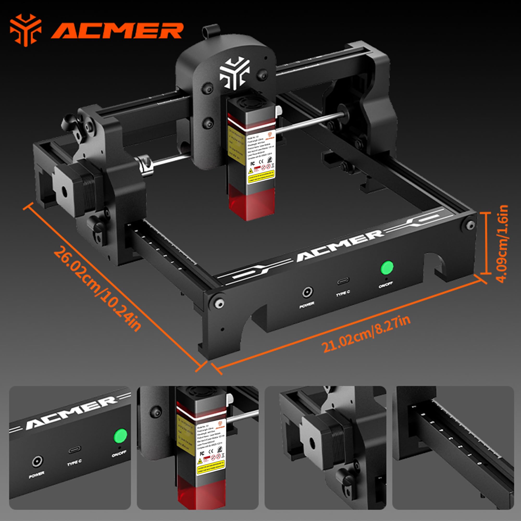 ACMER S1 6W Laser graviermaschine Anfänger, Tragbarer Laserschneider & Gravurgerät für DIY Holz, Metall, Acryl, Leder,130x130mm Gravurbereich, Laserklasse 4,Ideal für Kleinunternehmen
