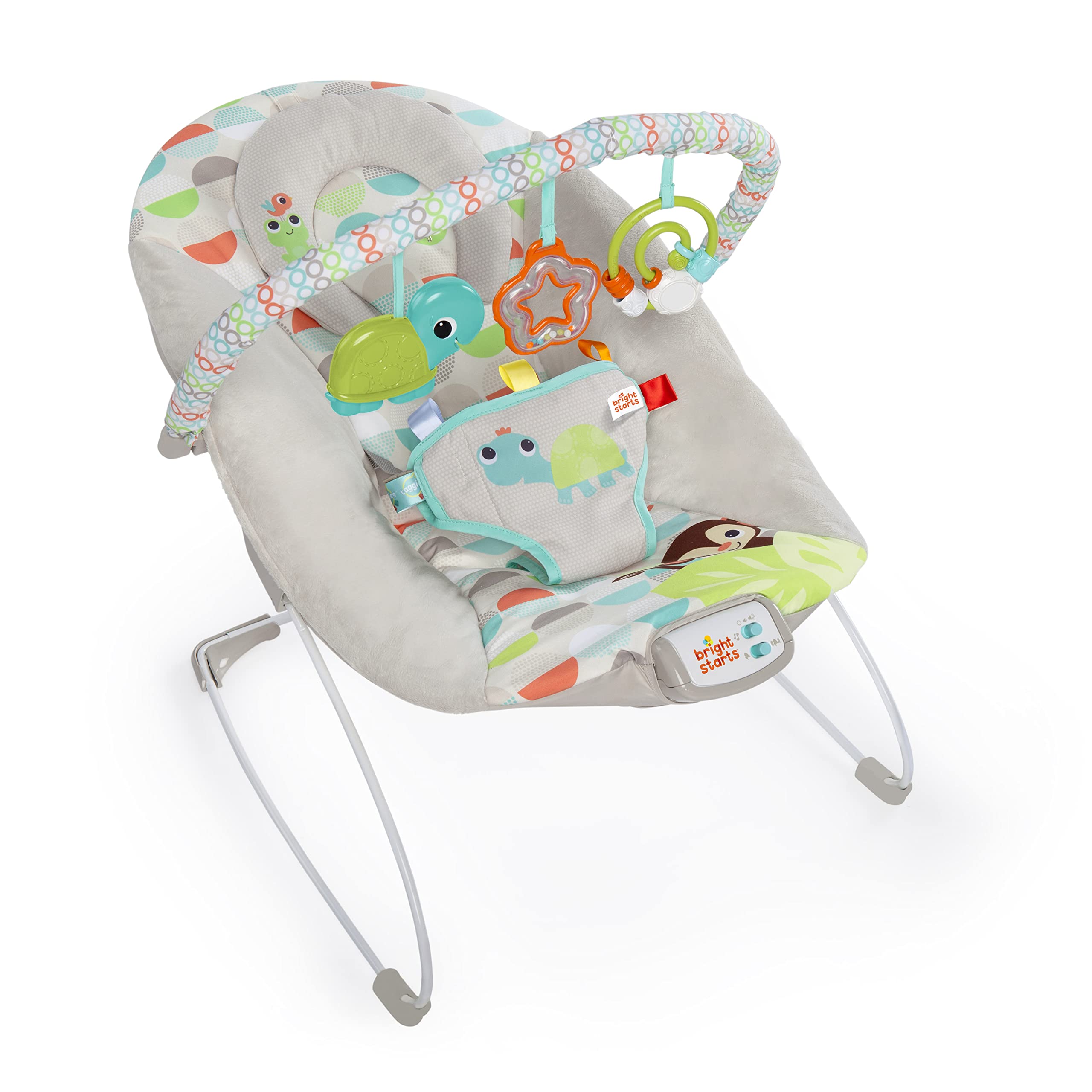 Bright Starts, Babywippe Babyschaukel Happy Safari mit beruhigenden Vibrationen & 7 Melodien, abnehmbarer Kopfstütze und Spielbogen mit 3 Spielzeugen, Lautstärkeregeler, ab der Geburt bis 9kg