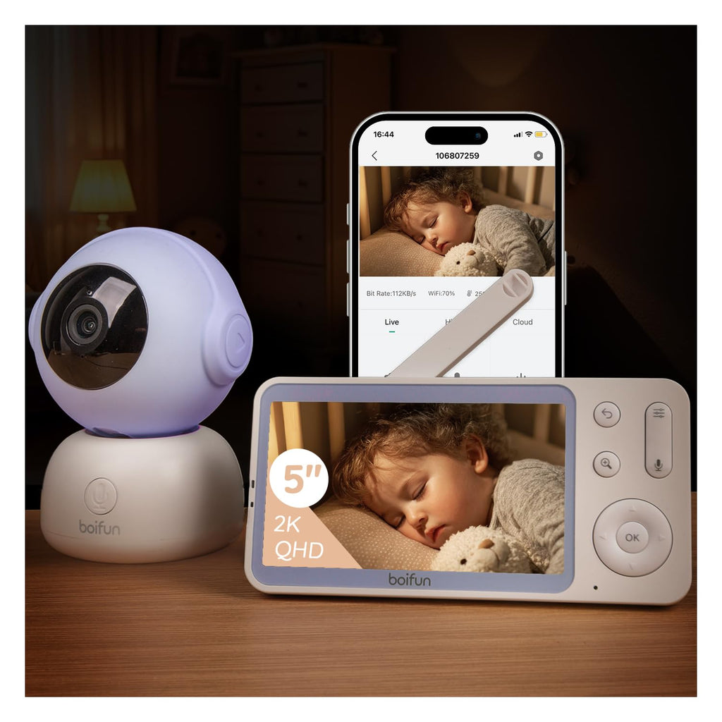 Boifun Babyphone mit Kamera & 2K/3MP APP Steuerung, 5" WLAN Video Babyfone, 360 Grad IR-HDR Nachtsicht, Weinen-/Bewegungs-/Geräusch-/Temperaturüberwachung, Automatische Verfolgung, 3000mAh Akku
