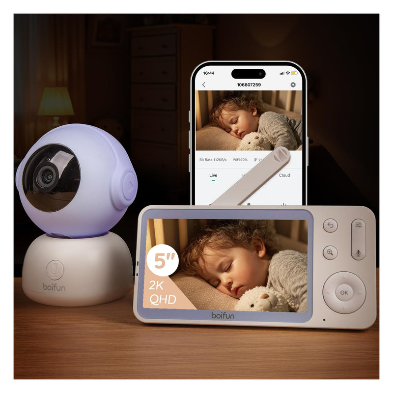 Boifun Babyphone mit Kamera & 2K/3MP APP Steuerung, 5" WLAN Video Babyfone, 360 Grad IR-HDR Nachtsicht, Weinen-/Bewegungs-/Geräusch-/Temperaturüberwachung, Automatische Verfolgung, 3000mAh Akku