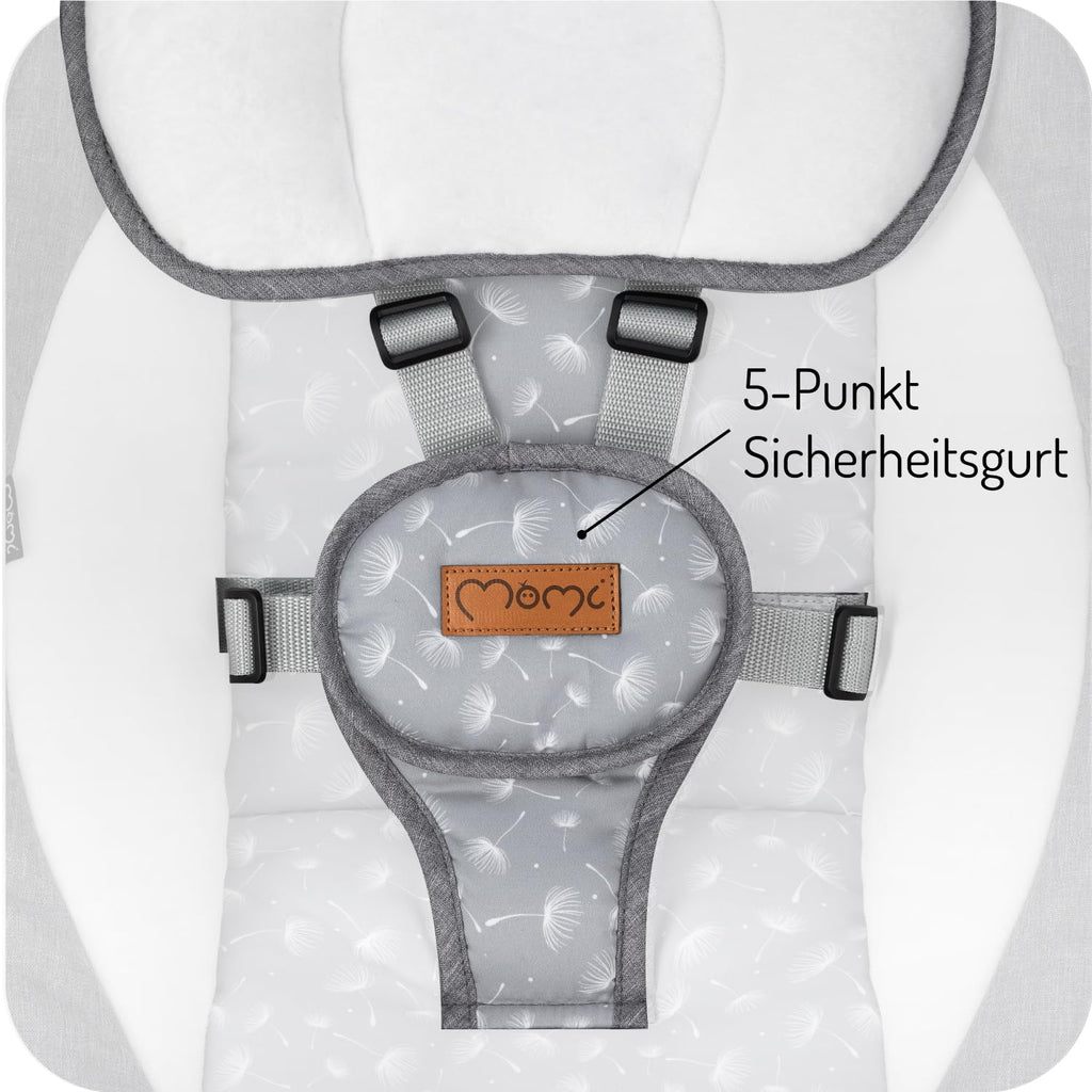 MoMi KENANI Babywippe für Kinder bis 9 kg, klappbar, mit Fernbedienung & Bluetooth zum Verbinden mit Smartphone, Batterie- oder Stromanschluss, mit 5-Punkt-Sicherheitsgurt, Sonnenschutz, Insektennetz
