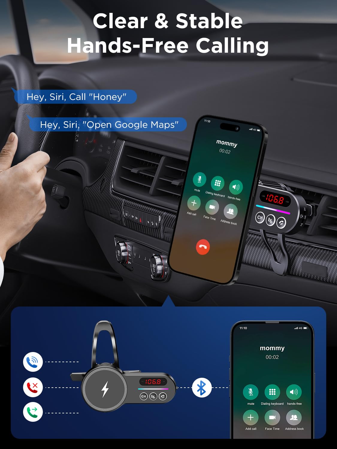Magift for MagSafe Car Bluetooth Transmitter Mount, Black 20X Powerful Magnetic Phone Holder for iPhone, Bluetooth 5.3 Car Adapter Hands Free, QC 3.0, Easily Install