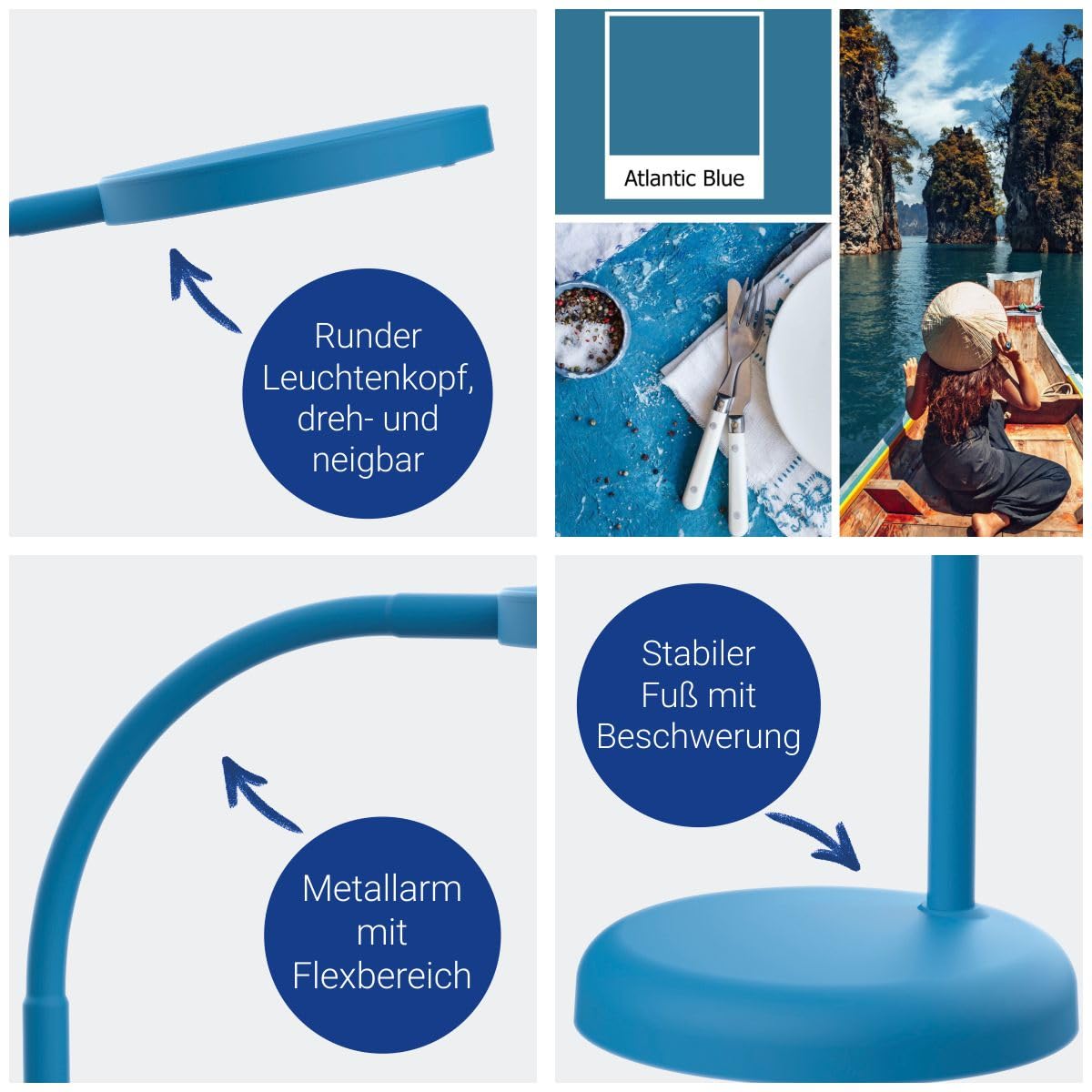 MAUL Schreibtischlampe LED MAULjoy | Kleine Schreibtischlampe mit Standfuß | Moderne Tischlampe für Schreibtisch, Büro | Flexible LED Lampe mit 3000K warmweißem LED Licht | Atlantic Blue
