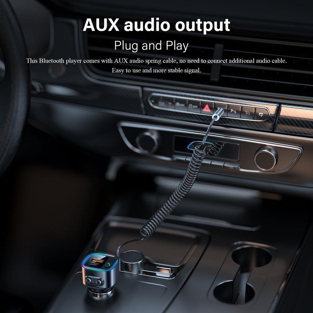 Aux Bluetooth 5.4 Adapter Auto Bluetooth Empfänger Klinke 3.5mm für Freisprechanruf und Wireless Musik Kompatibel Schnellladung AutoLadegerät 42W (PD 30W&QC 12W) HiFi-Stereo U-Disk RGB Umgebungslicht