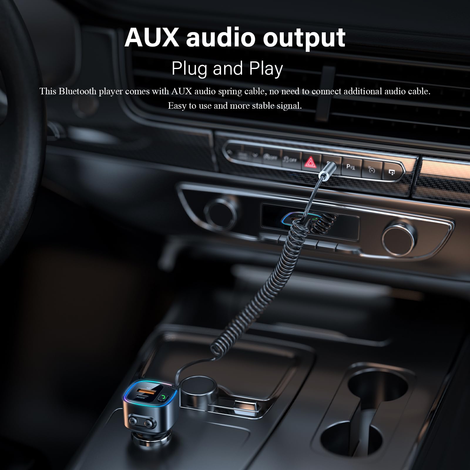 Aux Bluetooth 5.4 Adapter Auto Bluetooth Empfänger Klinke 3.5mm für Freisprechanruf und Wireless Musik Kompatibel Schnellladung AutoLadegerät 42W (PD 30W&QC 12W) HiFi-Stereo U-Disk RGB Umgebungslicht
