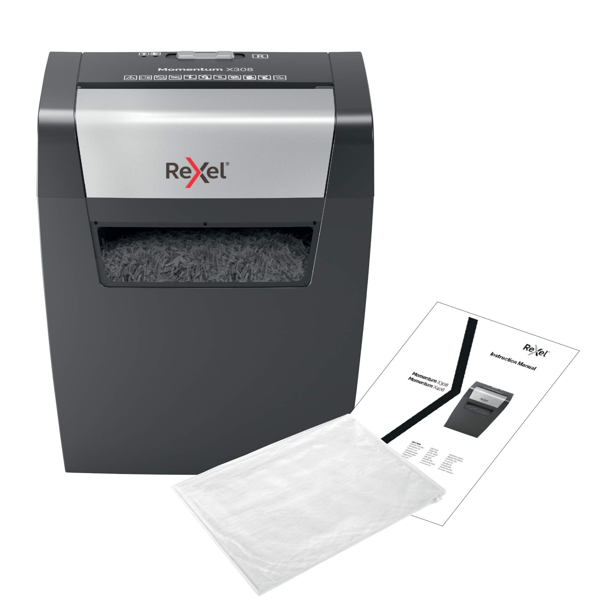 Rexel Aktenvernichter Momentum X308, Partikelschnitt, 9-8 Blatt A4 (70-80 g/m²) Kapazität, Sicherheitsstufe P3, 15L Abfallbehälter, Schredder, schwarz, 2104570EU