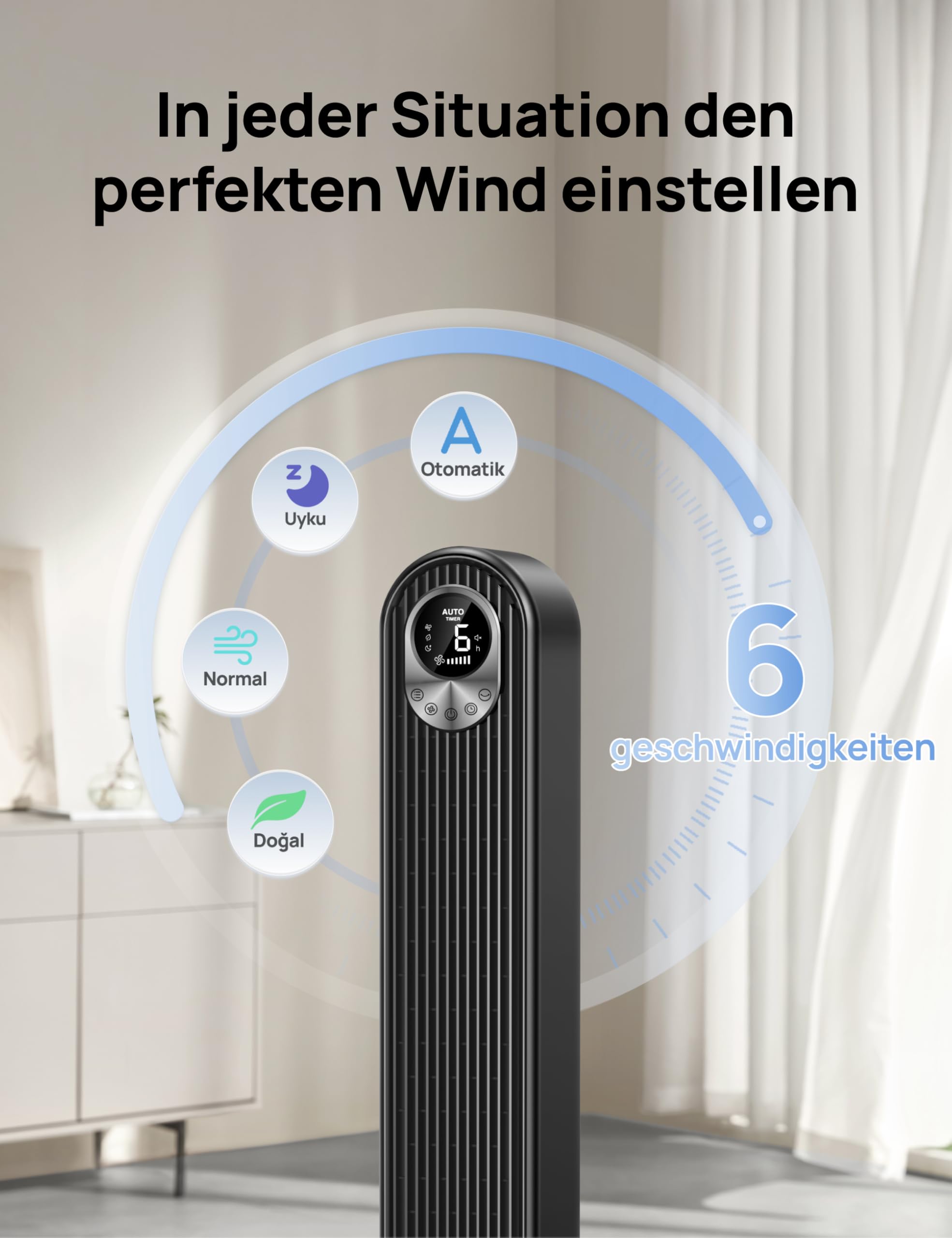 Dreo 20dB DC Motor Turmventilator Leiser, 11M Windentfernung Ventilator mit Kühlung Fernbedienung, 9 Stufen 4 Modi, 90° Oszillierender Stand Ventilatoren für Schlafzimmer, Tower Fan mit 12H Timer