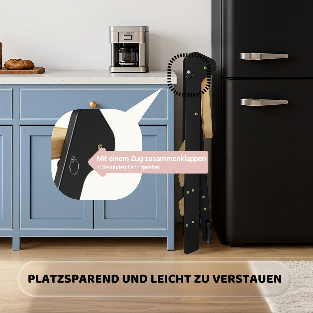 COSYLAND Lernturm ab 1 Jahr klappbar – iF Design Award Gewinner, höhenverstellbarer Lernturm mit Sicherheitsnetz, Montessori Learning Tower/Lernstuhl für Kinder, Foldi (Schwarz & Natur)
