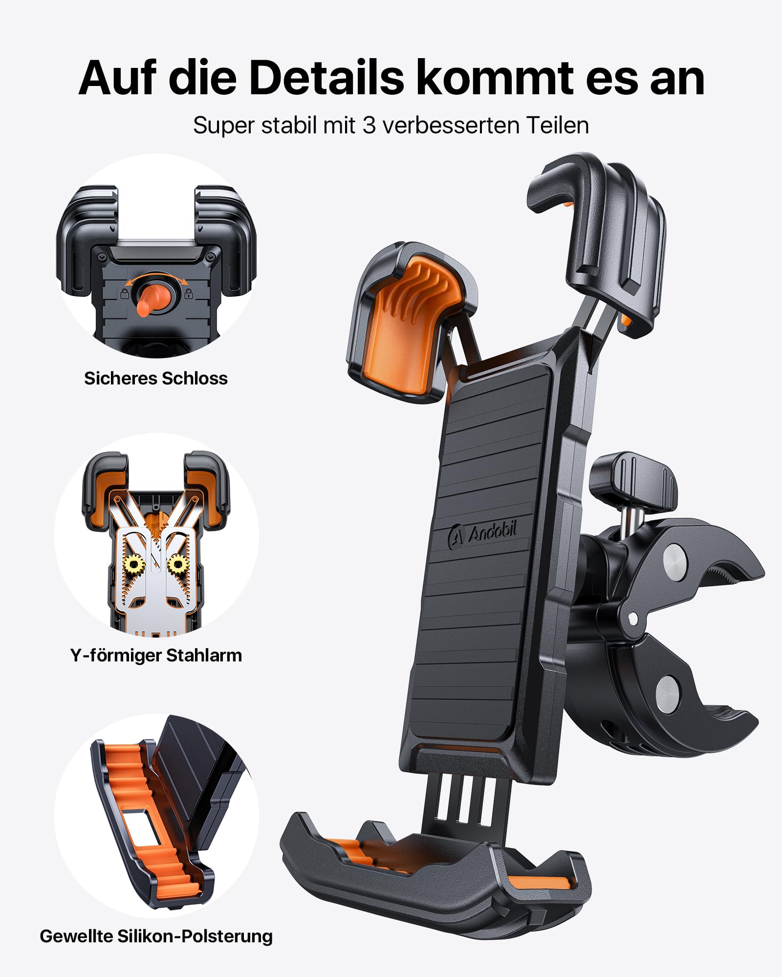 andobil 2026 Handyhalterung Fahrrad [ Top Verarbeitet ] 165 km/h Stoßfest [ 1s Einhandbedienung ] Universal Handyhalterung Motorrad 360° Handyhalter Fahrrad für iPhone 17/16/15 Pro Max Samsung S25