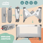 all Kids United® Baby Reisebett Babybett - Babycenter Kinderreisebett Kinderbett mit Matratze, Wickelauflage, Musikspiel und Mobile (Grau)