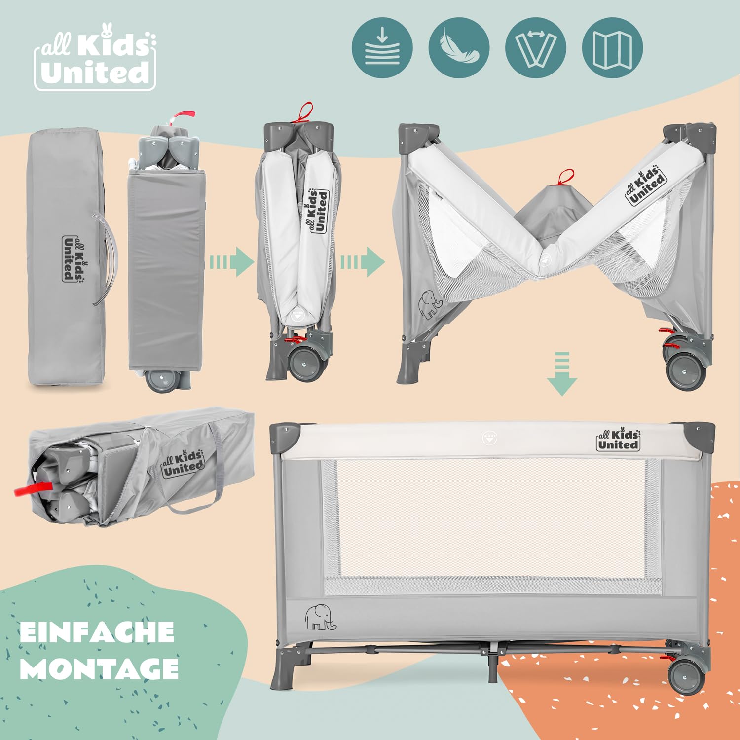 all Kids United® Baby Reisebett Babybett - Babycenter Kinderreisebett Kinderbett mit Matratze, Wickelauflage, Musikspiel und Mobile (Grau)