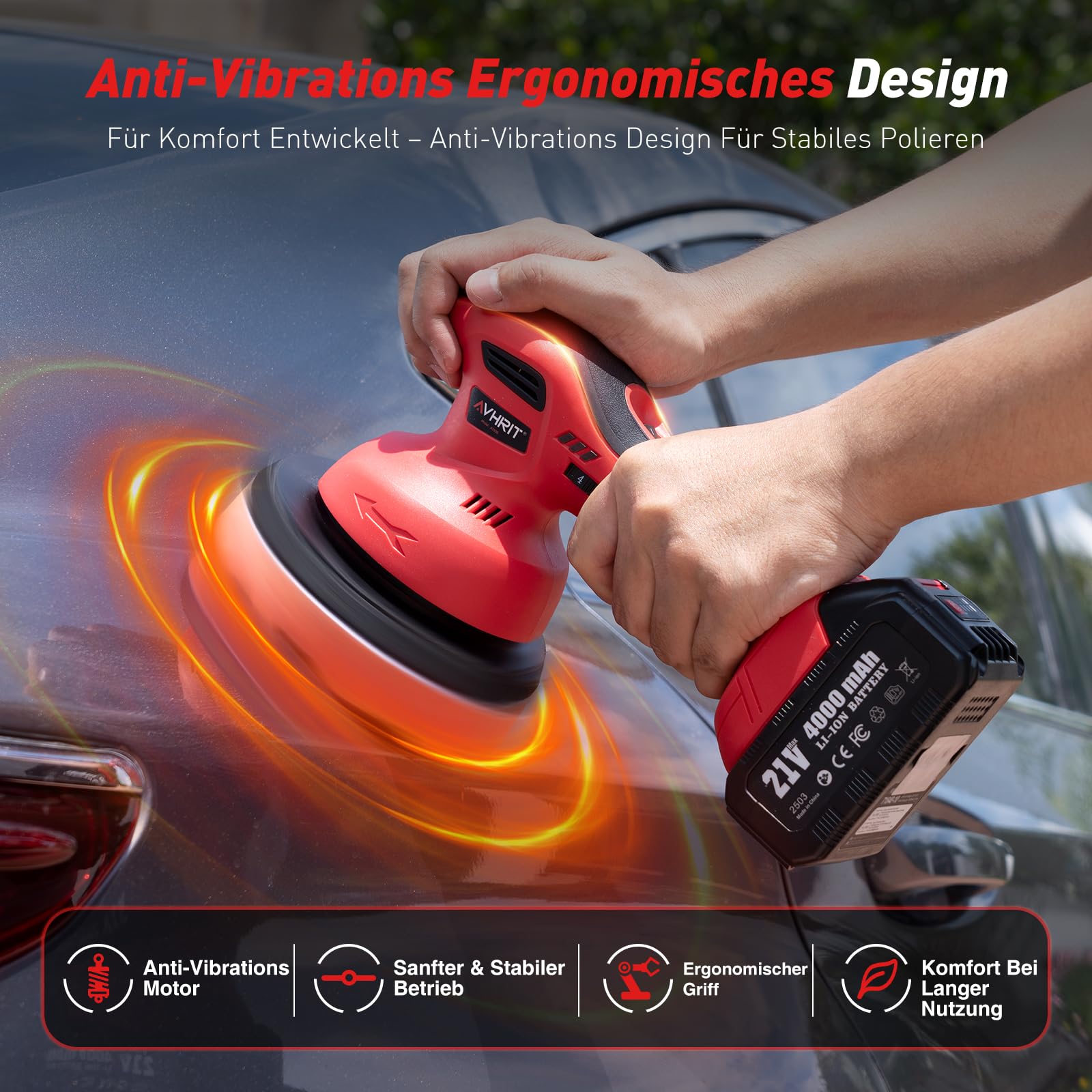 2025 Poliermaschine Auto Akku, 2x4000mAh Batterie (Bis zu 6000 U/min) Poliermaschine Auto, 6'' Autopolierer, 8 mm Exzenter-Poliermaschine für Auto-und Bootspflege, Polieren Wachsen Auto Detaillierung