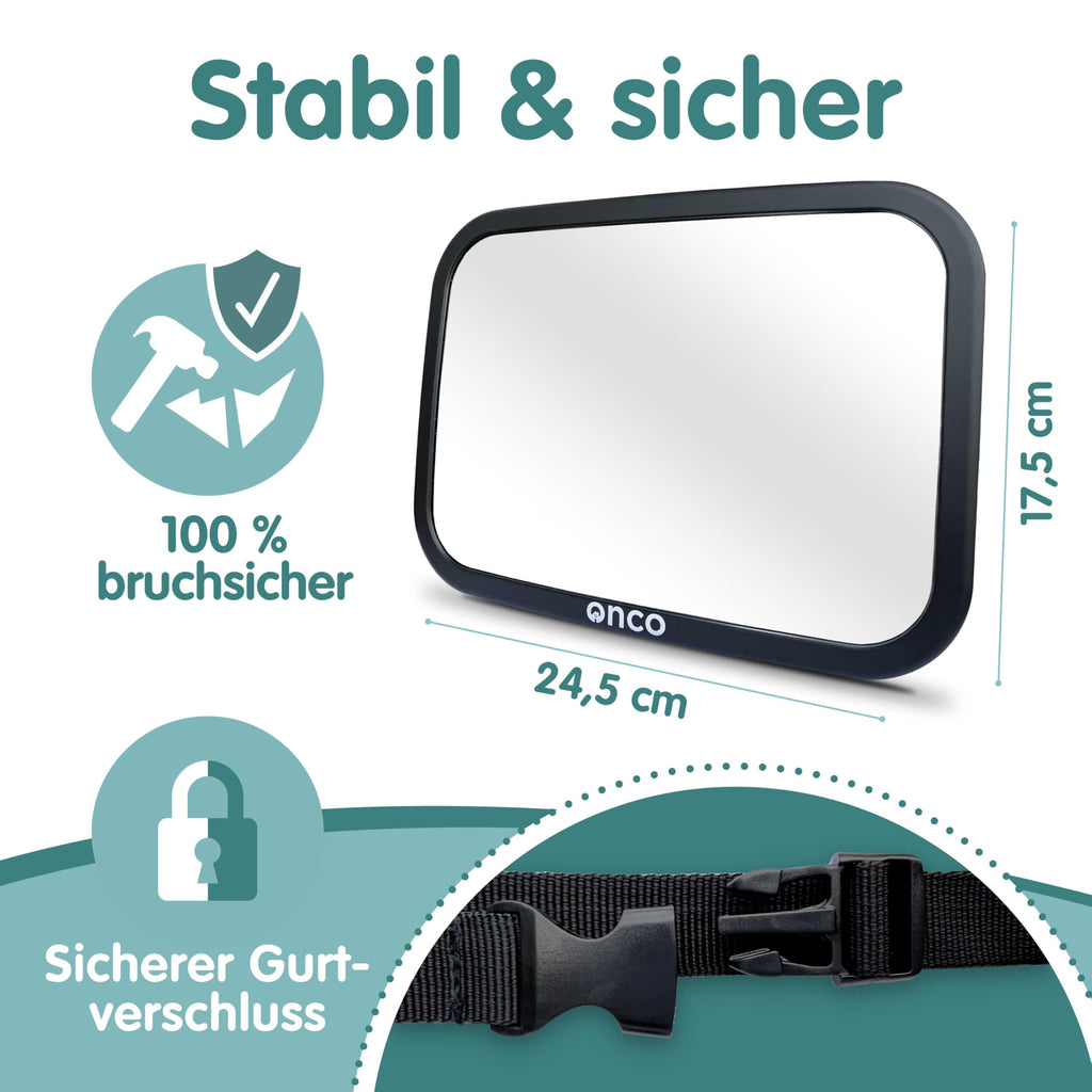 Onco 360° Baby Autospiegel - 2025 Vergleichssieger, 100% bruchsicher & rutschfest, 2024 & 2023 preisgekrönt, klares Sichtfeld, Spiegel Auto Baby Rückbank (17,5 x 24,5 cm)