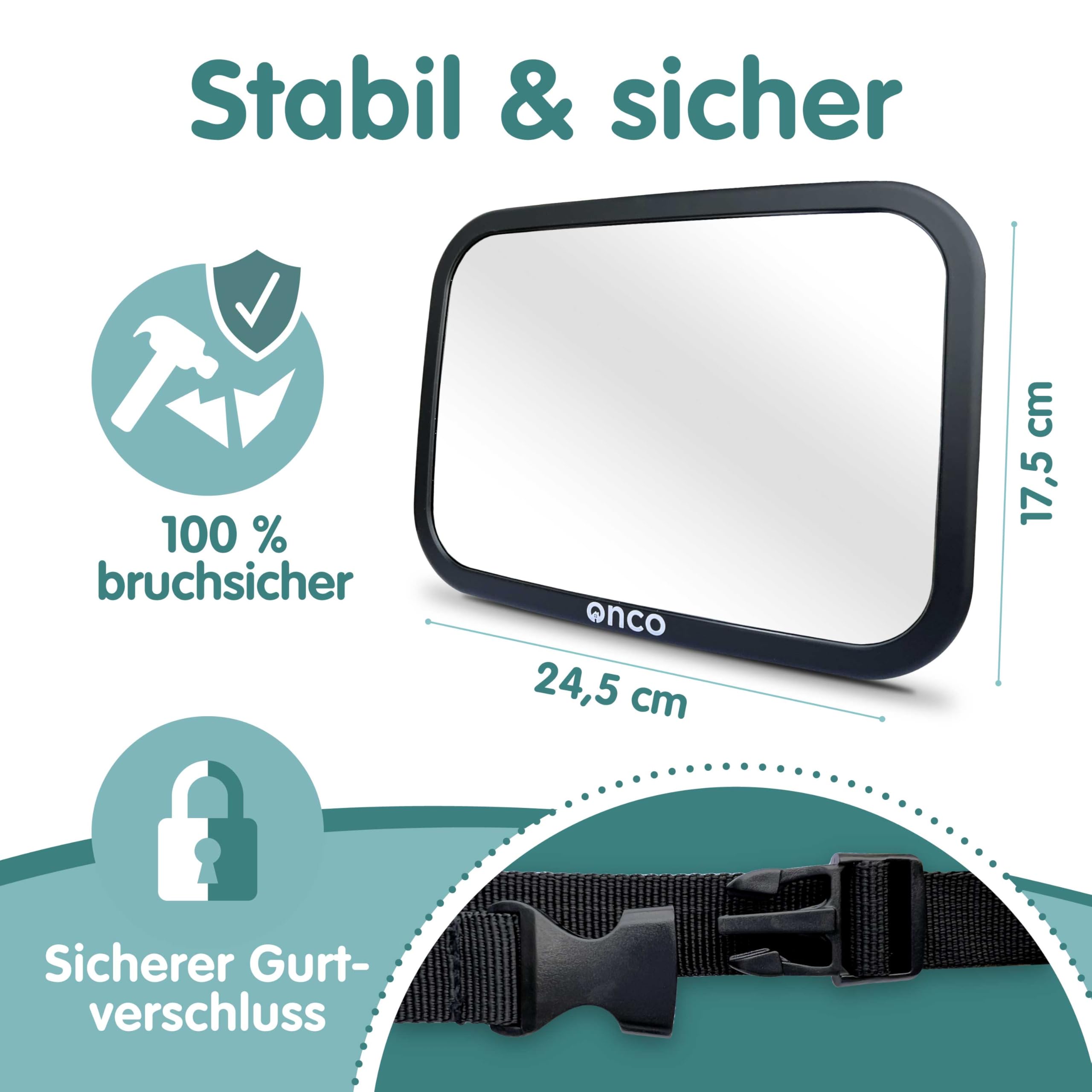 Onco 360° Baby Autospiegel - 2025 Vergleichssieger, 100% bruchsicher & rutschfest, 2024 & 2023 preisgekrönt, klares Sichtfeld, Spiegel Auto Baby Rückbank (17,5 x 24,5 cm)