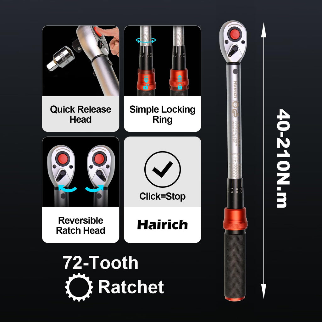 Hairich Drehmomentschlüssel Auto 1/2 Zoll, 40–210 Nm, TÜV Süd GS geprüft, 6-tlg. Drehmomentschlüssel Set mit 125 mm Verlängerung, 1/2"-3/8" Adapter & 3 Stecknüssen – Für Reifenwechsel & Motorrad